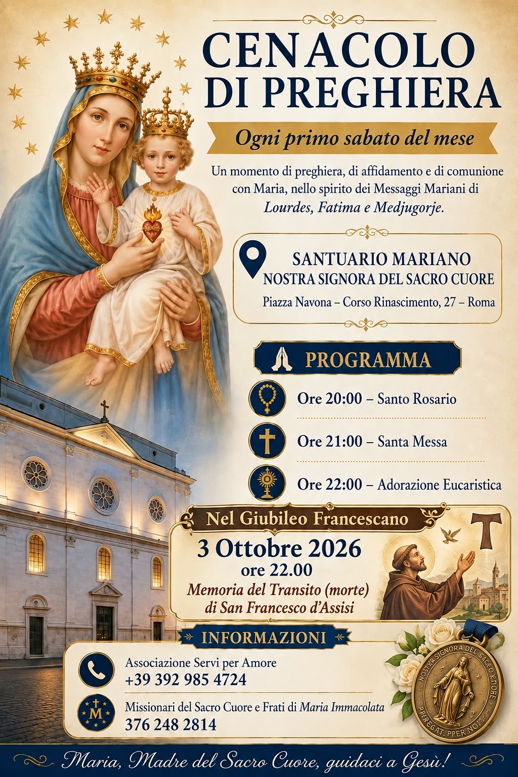 Manifesto del Cenacolo di Preghiera: ogni primo sabato del mese, Santuario Mariano Nostra Signora del Sacro Cuore, Roma